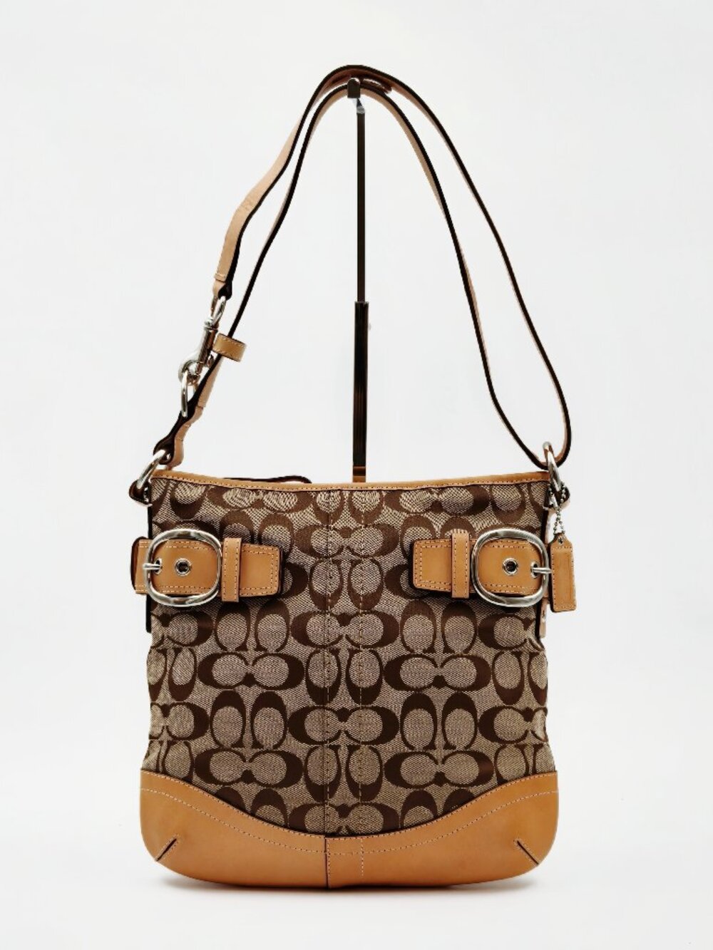 Coach Signature Canvas Leather Buckle Crossbody Shoulder Bag Brown Tan Vintage Y